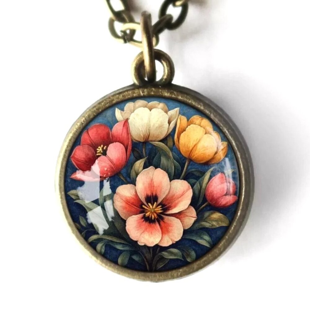 Moody Tulip Flowers Necklace - Reversible Spring Pendant -‎ Rare Vintage Jewelry